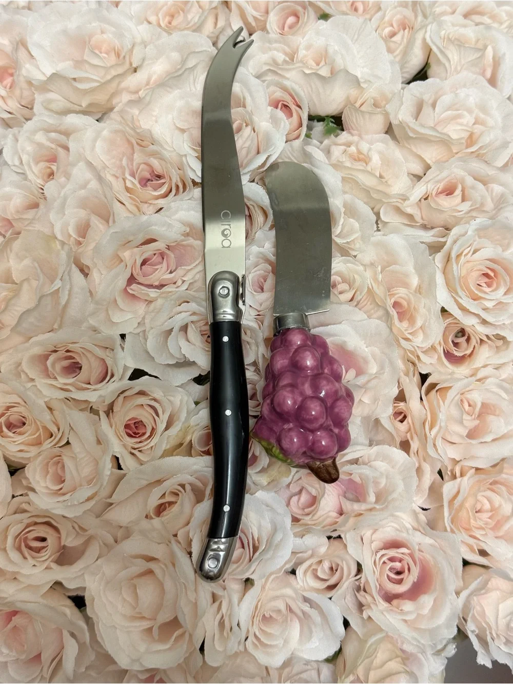 Black-Handled Cheese Knife Set with Purple Grape Spreader